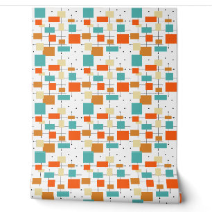 Turquoise Orange Black Squares Lines Mid Century Wallpaper