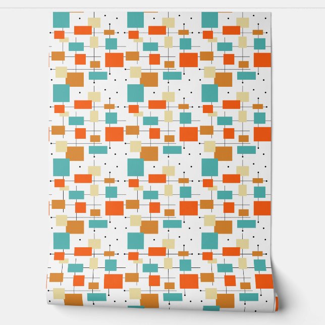 Turquoise Orange Black Squares Lines Mid Century Wallpaper (Unrolling)