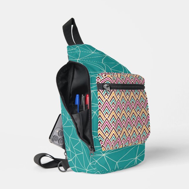 TURQUOISE ORANGE DARK RED & PINK GEOMETRIC PATTERN SLING BAG (Open)