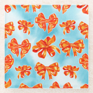 TURQUOISE & ORANGE FALL LEAVES BOWS PUMPKINS GLASS COASTER