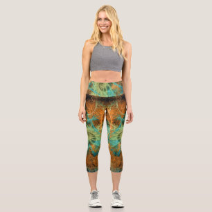 Turquoise+Orange Fractal Swirl V1 Capri Leggings