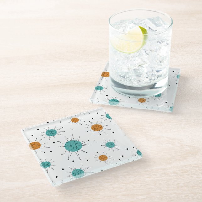 Turquoise Orange Franciscan Starburst Mid Century Glass Coaster (Angled)