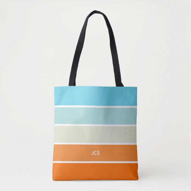 Turquoise Orange Green Colour Block Monogrammed Tote Bag (Front)