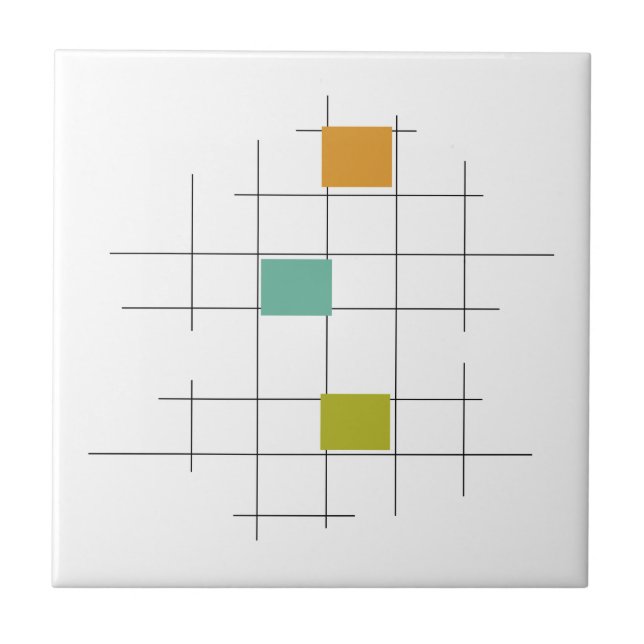 Turquoise Orange Green Lines Squares Mid Century Tile (Front)