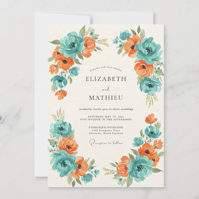 Turquoise Orange Painted Wedding Invitation (Front)