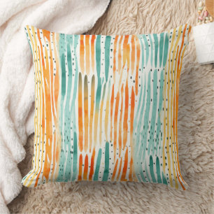 Turquoise Orange Peach Watercolor Stripes Throw Pillow