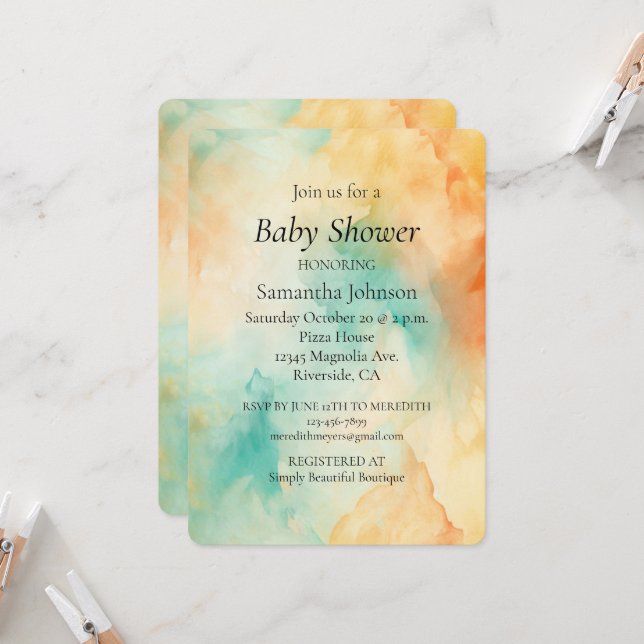 Turquoise Orange Peach Wavy Watercolor Abstract Invitation (Front/Back In Situ)