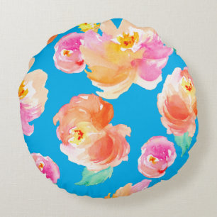 Turquoise Orange & Pink Floral Round Throw Pillow