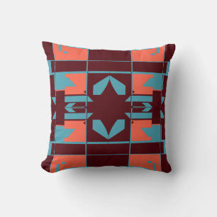 Turquoise Orange Plum Abstract Chequerboard Motif Throw Pillow