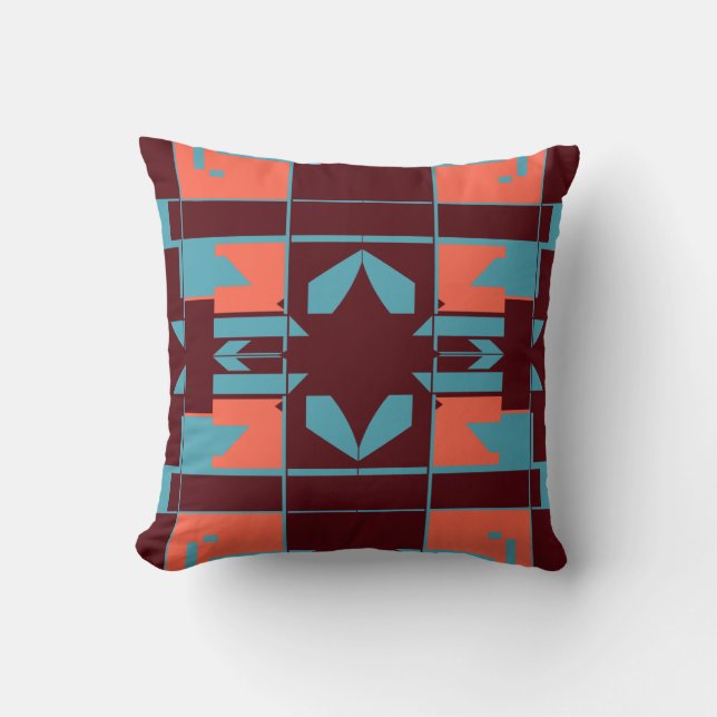 Turquoise Orange Plum Abstract Chequerboard Motif Throw Pillow (Front)