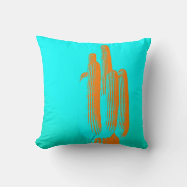 Turquoise Orange Saguaro Cactus Modern Art Throw Pillow (Front)
