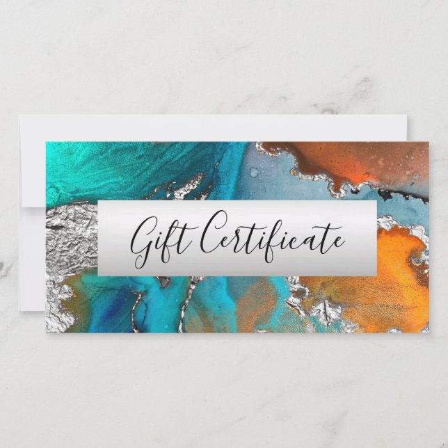 Turquoise Orange Silver Watercolor Gift Voucher (Front)