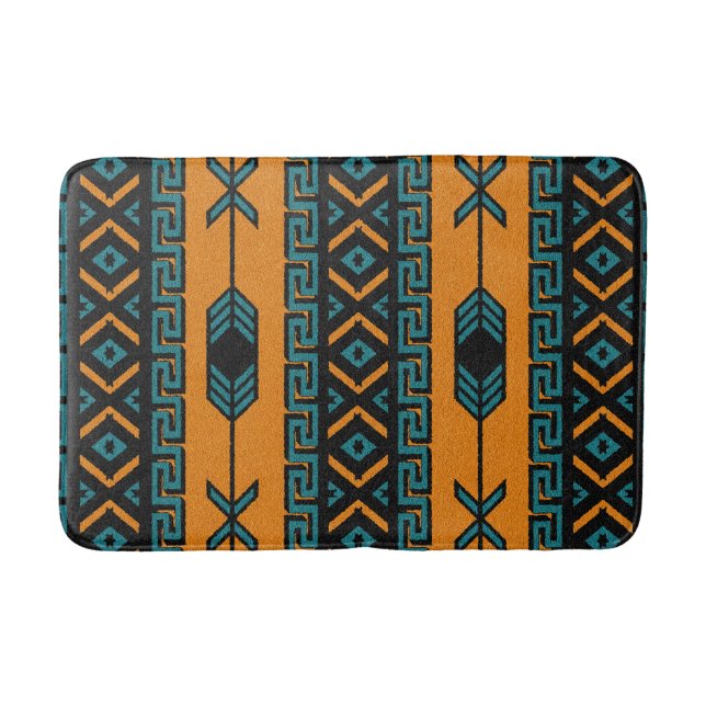 Turquoise Orange Southwest Tribal Aztec Pattern Bath Mat (Front)
