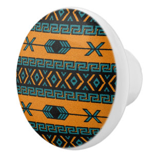 Turquoise Orange Southwest Tribal Aztec Pattern Ceramic Knob