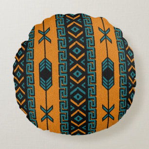 Turquoise Orange Southwest Tribal Aztec Pattern Round Pillow