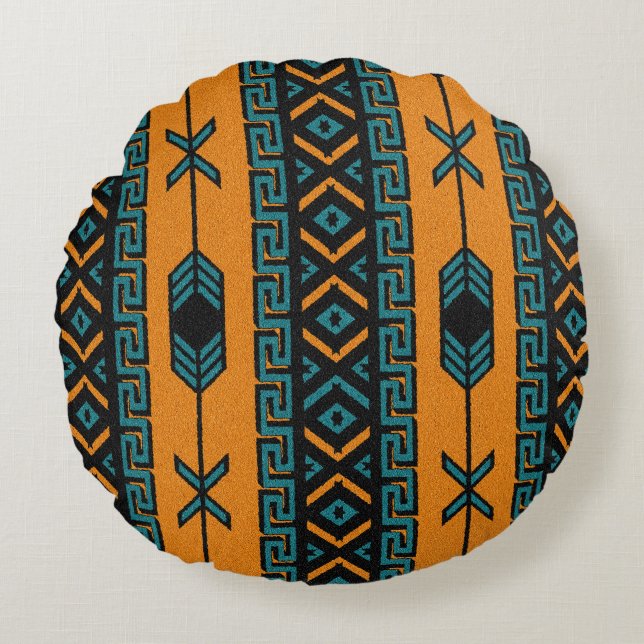 Turquoise Orange Southwest Tribal Aztec Pattern Round Pillow (Front)