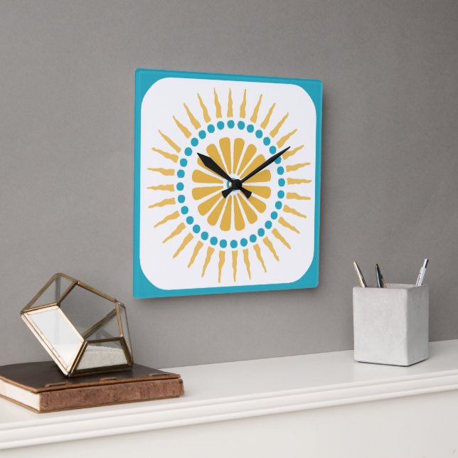 Turquoise Orange Sunburst Wall Clock (Office)