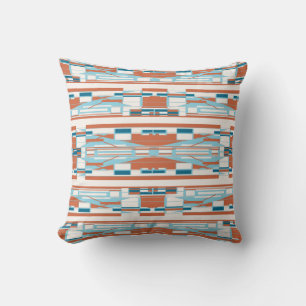 Turquoise Orange White Mediterranean Motif in Rows Throw Pillow