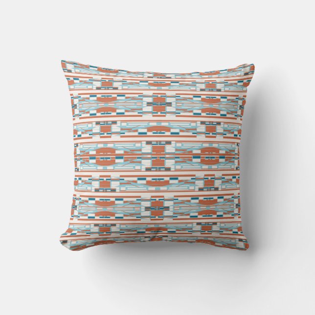 Turquoise Orange White Mediterranean Thin Rows Throw Pillow (Front)