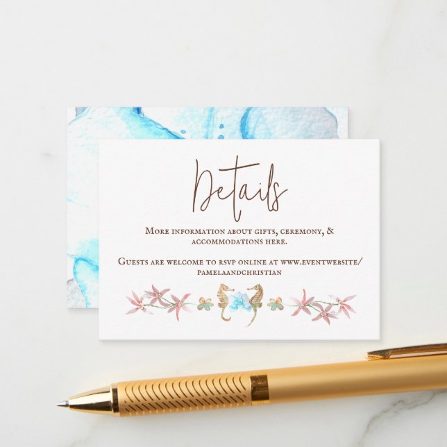 Turquoise Orchid, Seahorses Wedding Details Card (Front/Back In Situ)