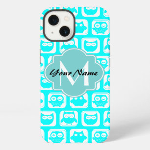 Turquoise Owl Pattern Aqua Personalized Name iPhone 13 Case