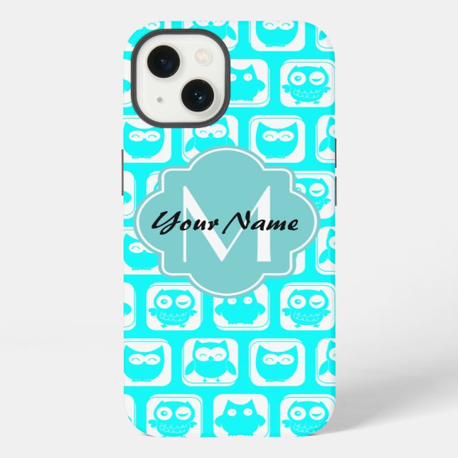 Turquoise Owl Pattern Aqua Personalized Name iPhone Case (Back)