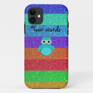 Turquoise owl rainbow glitter iPhone 11 case