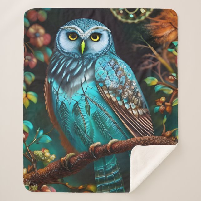 Turquoise owl sherpa blanket (Front)