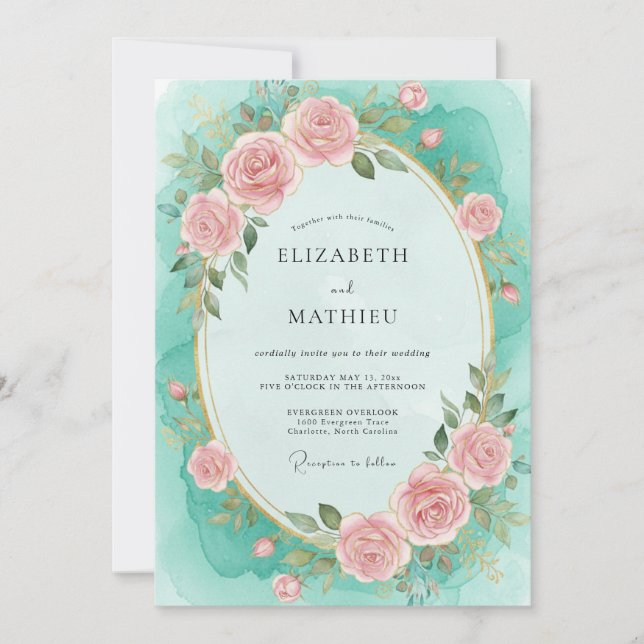 Turquoise Painted Petal Wedding Invitation (Front)