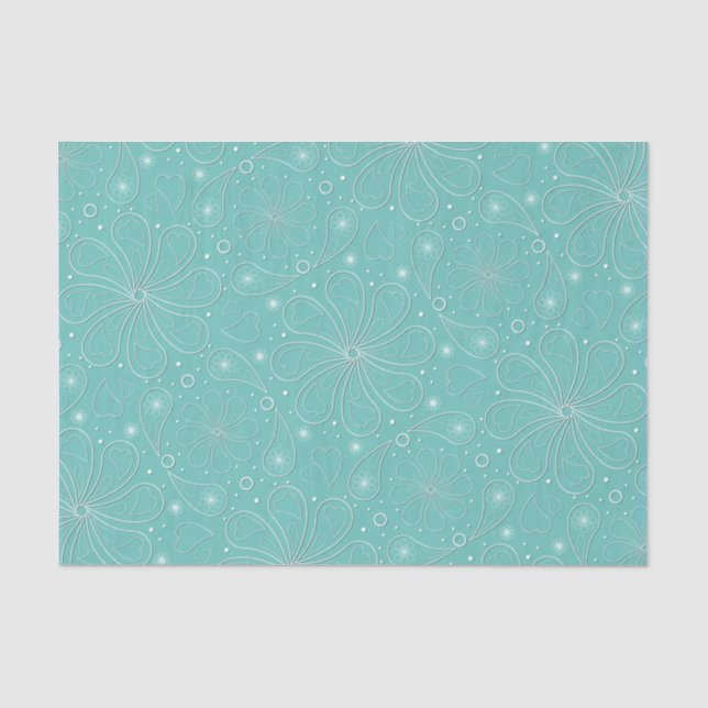 Turquoise Paisley Floral Hearts Pattern Tissue Paper (Front)