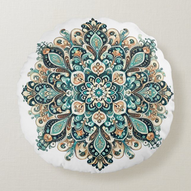 Turquoise Paisley Mandala with Gold Accents 1 Round Pillow (Front)