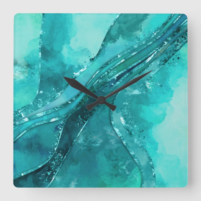 Turquoise palette Flowing Abstract Square Wall Clock (Front)