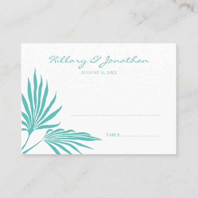 Turquoise palm leaf wedding escort name place card (Front)