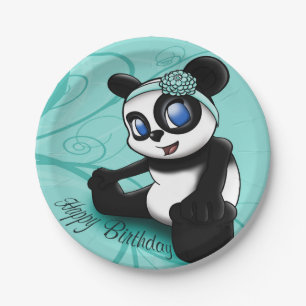 Turquoise Panda Floral Birthday Paper Plates