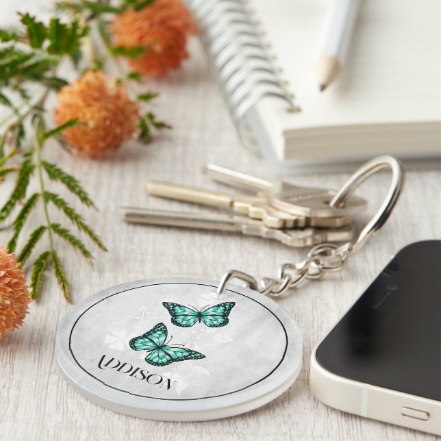 Turquoise papillon Floral Porte - clé personnalisé (Devant droit)