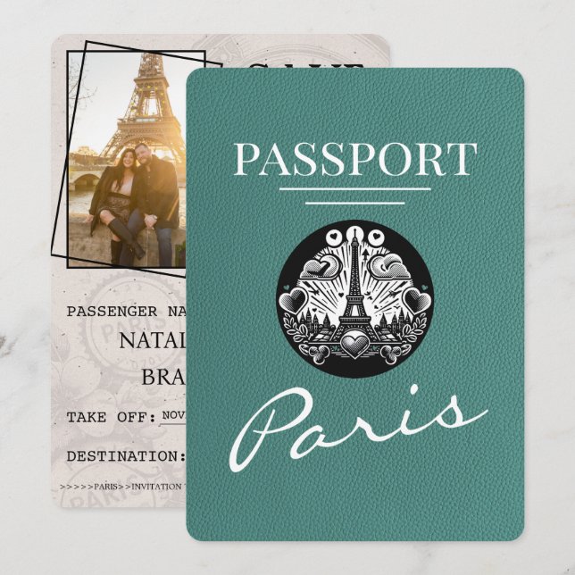 Turquoise Paris Passport Save The Date (Front/Back)