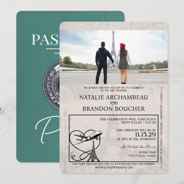 Turquoise Paris Passport Wedding Invitation (Front/Back)