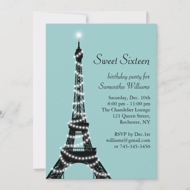 Turquoise Parisian Sweet 16 Invitation (Front)