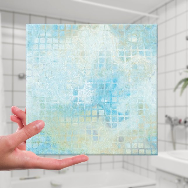 Turquoise Pastel Geometric Bathroom Tile (Tile featuring a geometric artistic checkered pattern in ocean and seafoam colors)