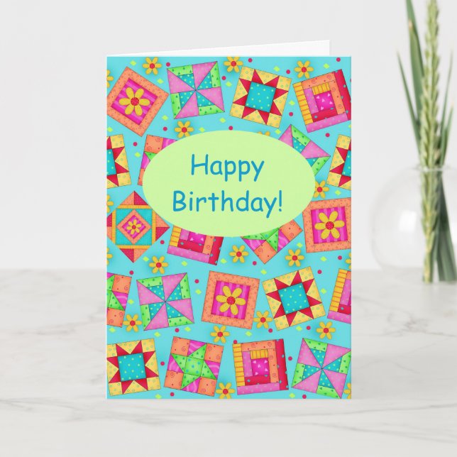 Turquoise Patchwork Quilt Block Art Happy Birthday Card (Front)