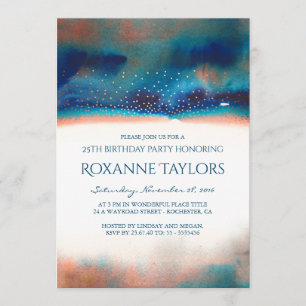 Turquoise & Peach Watercolor Modern Birthday Party Invitation