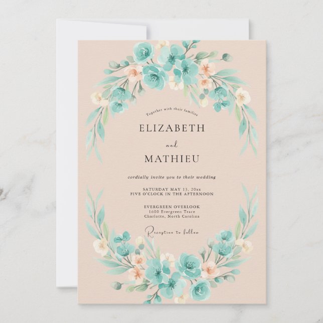 Turquoise Peach Wreath Wedding Invitation (Front)