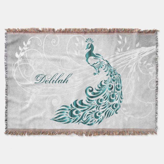 Turquoise Peacock Couverture de lancer personnalis (Devant)