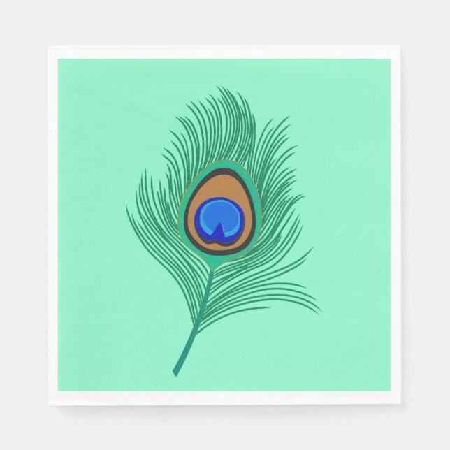 Turquoise Peacock Feather on Light Aqua Napkin (Front)