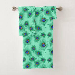 Turquoise Peacock Feathers on Light Aqua Bath Towel Set