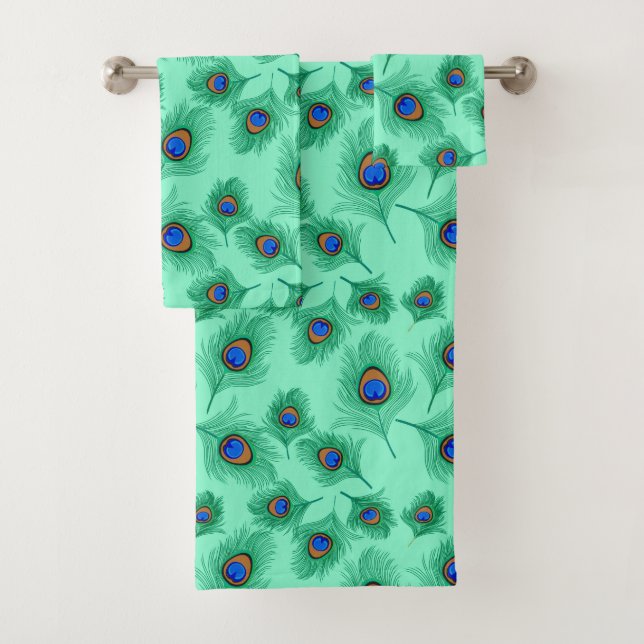 Turquoise Peacock Feathers on Light Aqua Bath Towel Set (Insitu)