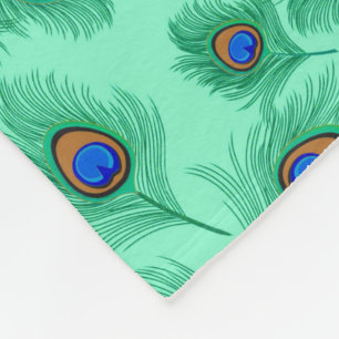 Turquoise Peacock Feathers on Light Aqua Fleece Blanket