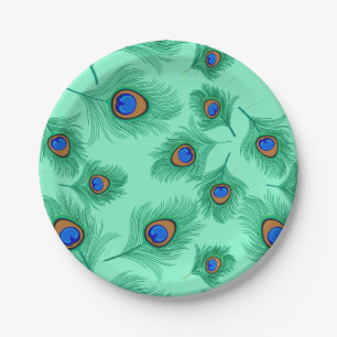 Turquoise Peacock Feathers on Light Aqua Paper Plate
