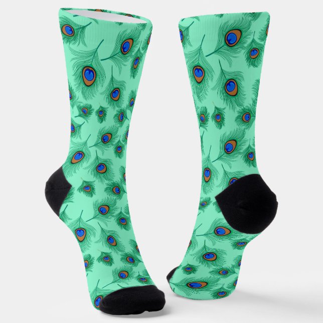 Turquoise Peacock Feathers on Light Aqua Socks (Angled)