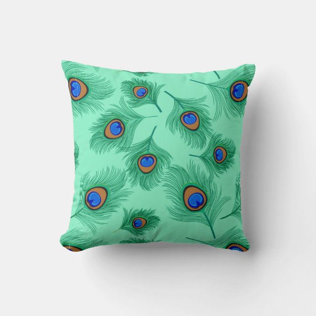 Turquoise Peacock Feathers on Light Aqua Throw Pillow (Front)